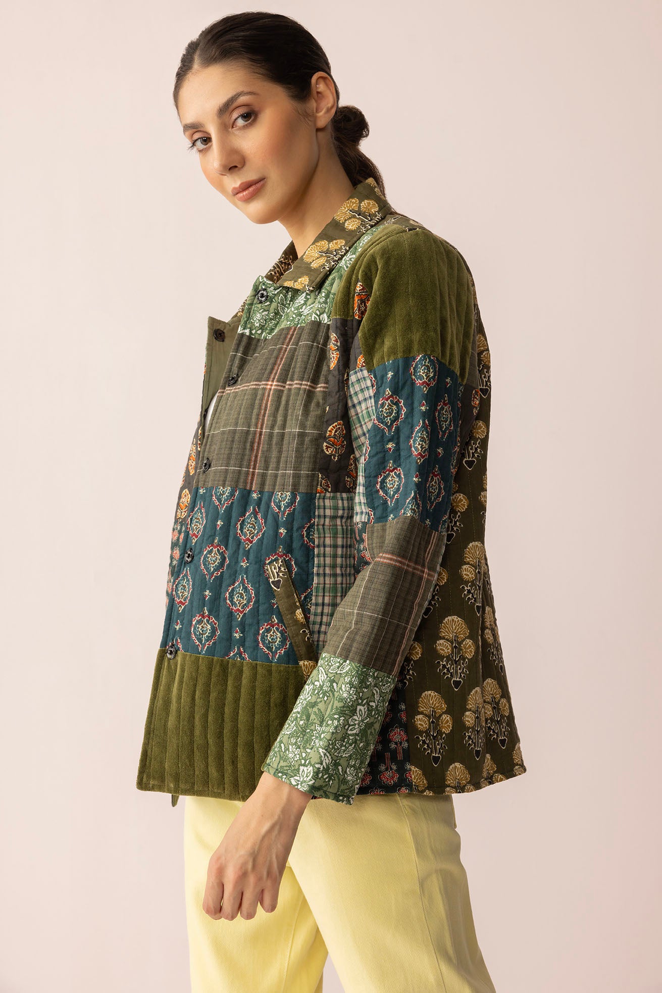 Meadow Folk Quilted Jacket with Patchwork in Dusty Green