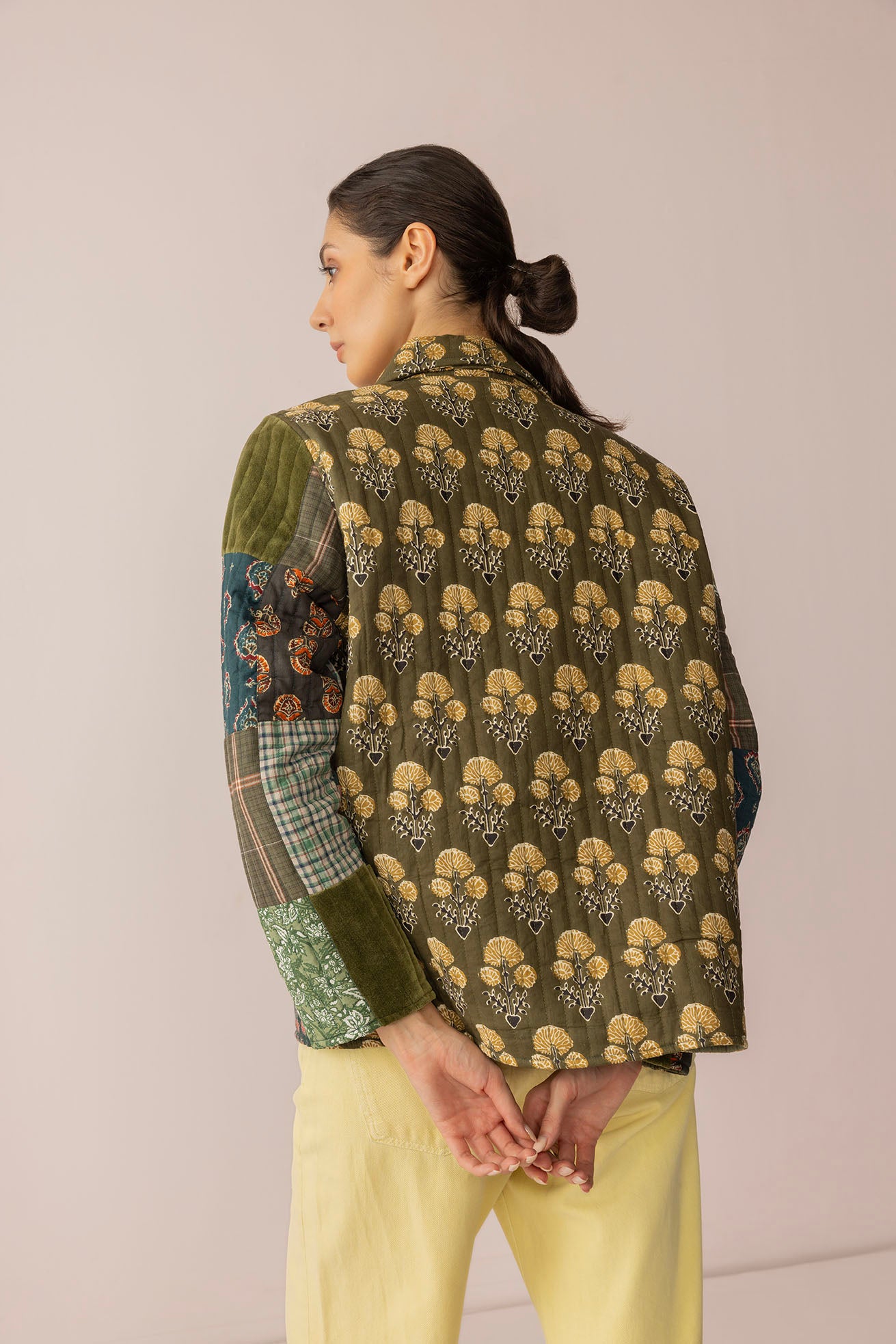 Meadow Folk Quilted Jacket with Patchwork in Dusty Green