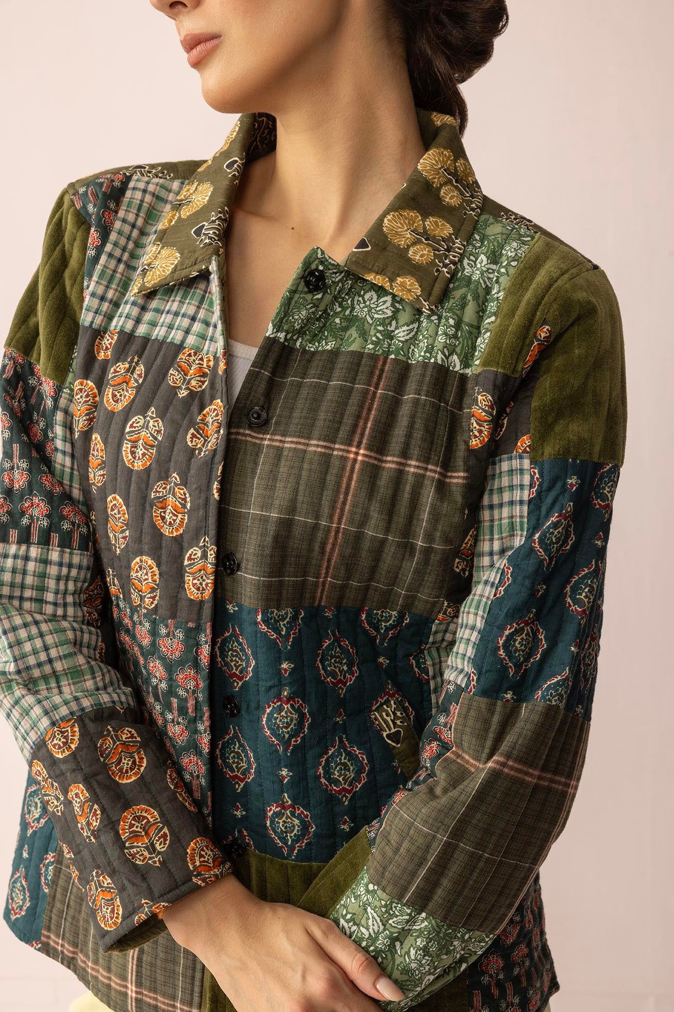 Meadow Folk Quilted Jacket with Patchwork in Dusty Green