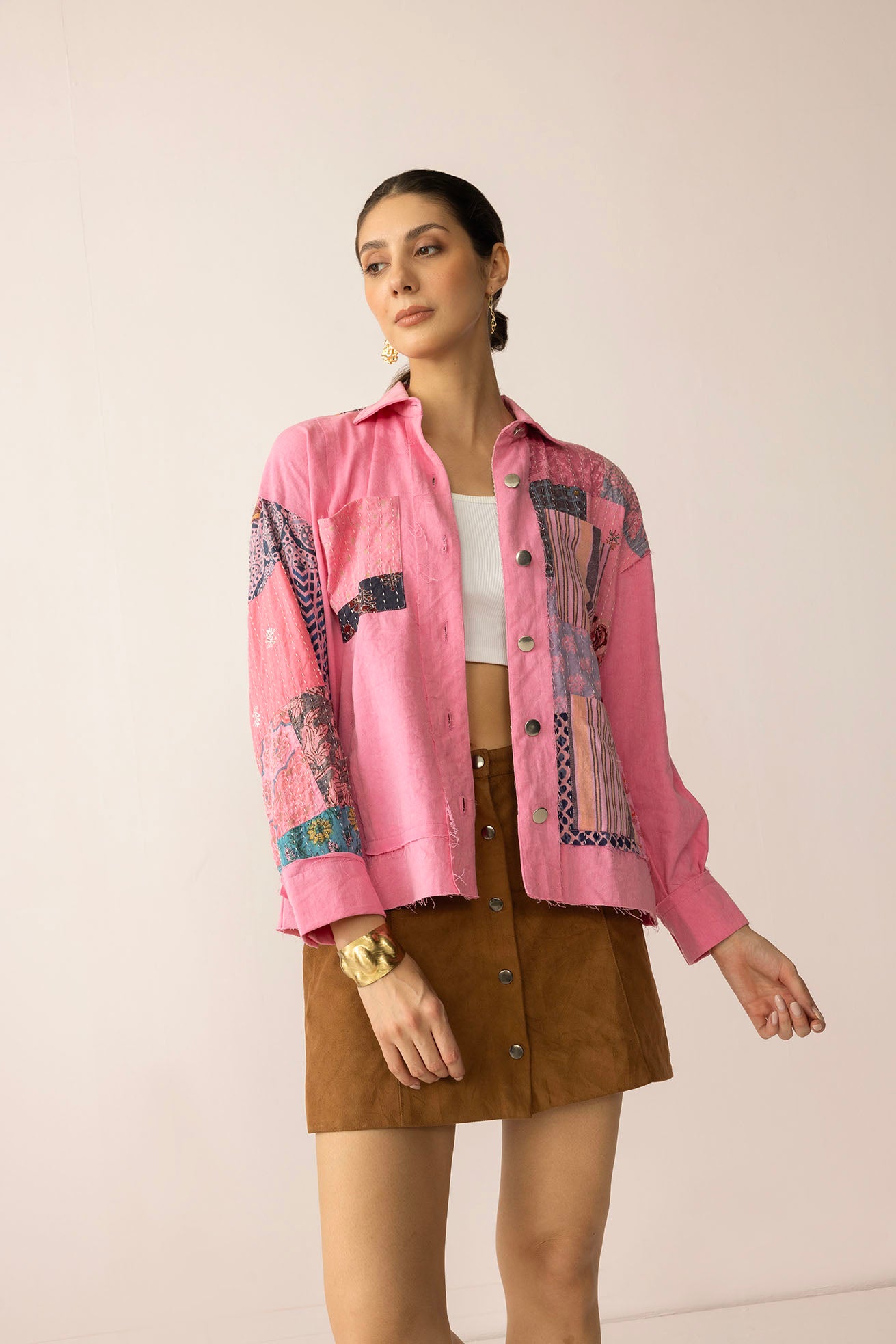 Wildberry Patchwork Shacket in Faded Pink