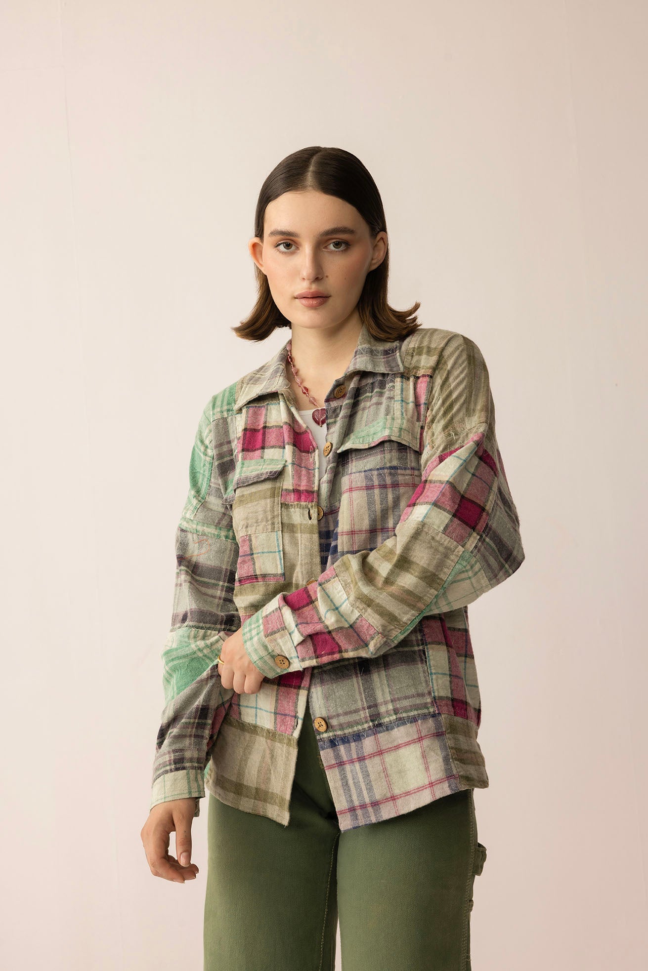 Boone Trail Stitch Shacket in Plaid Petal - Myra USA