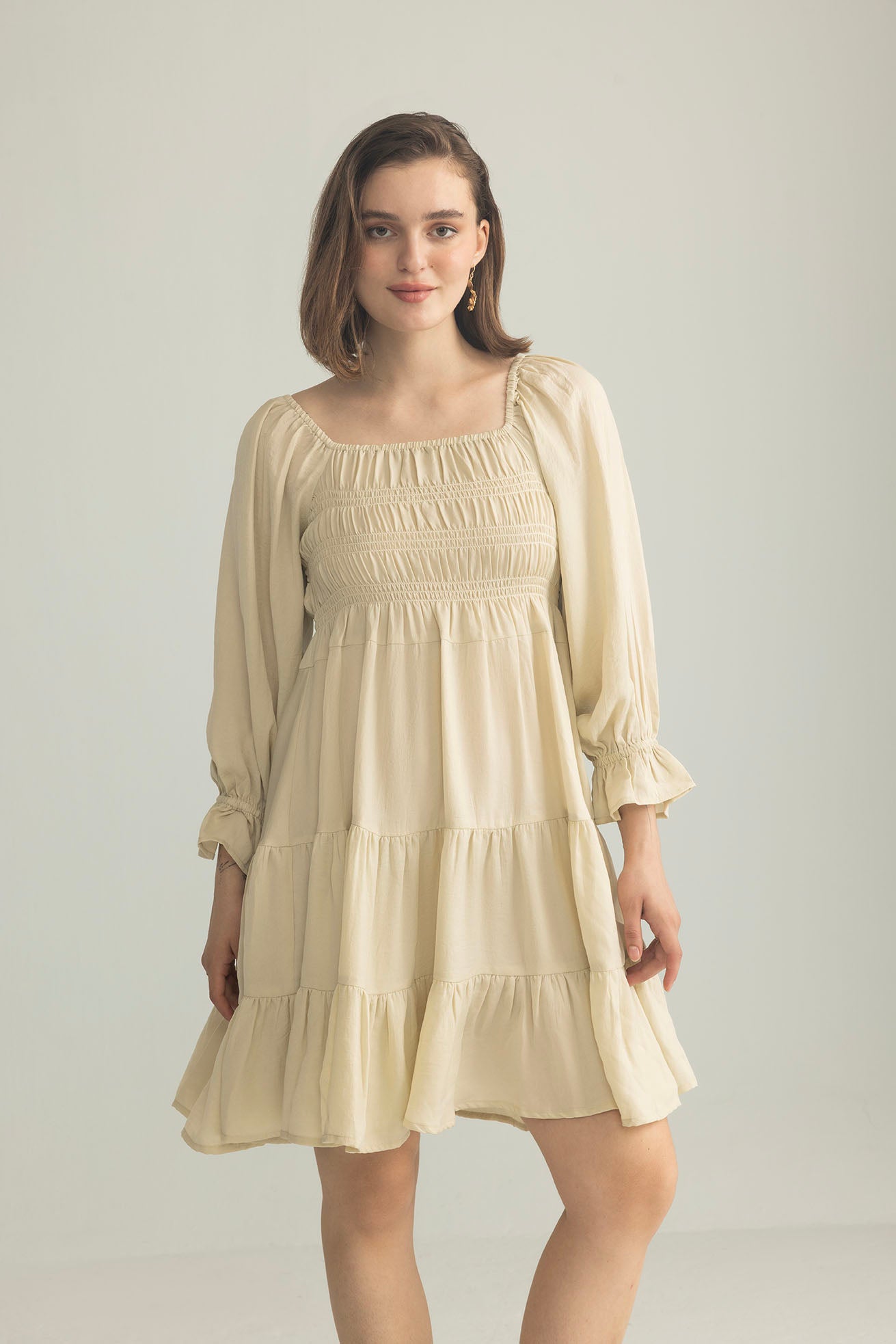Daisywood Ruffle Smocking Dress in Oatmeal - Myra USA