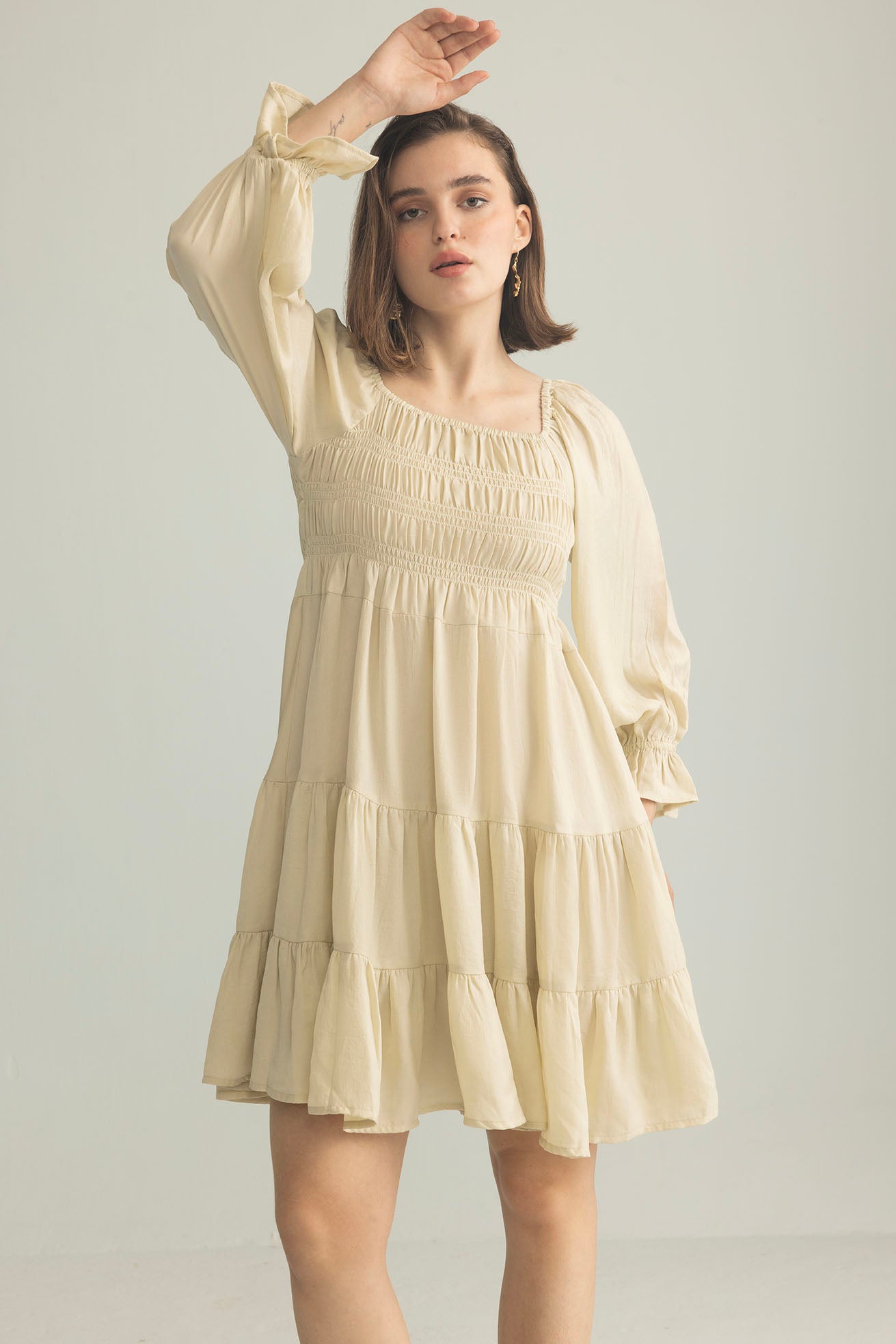 Daisywood Ruffle Smocking Dress in Oatmeal - Myra USA