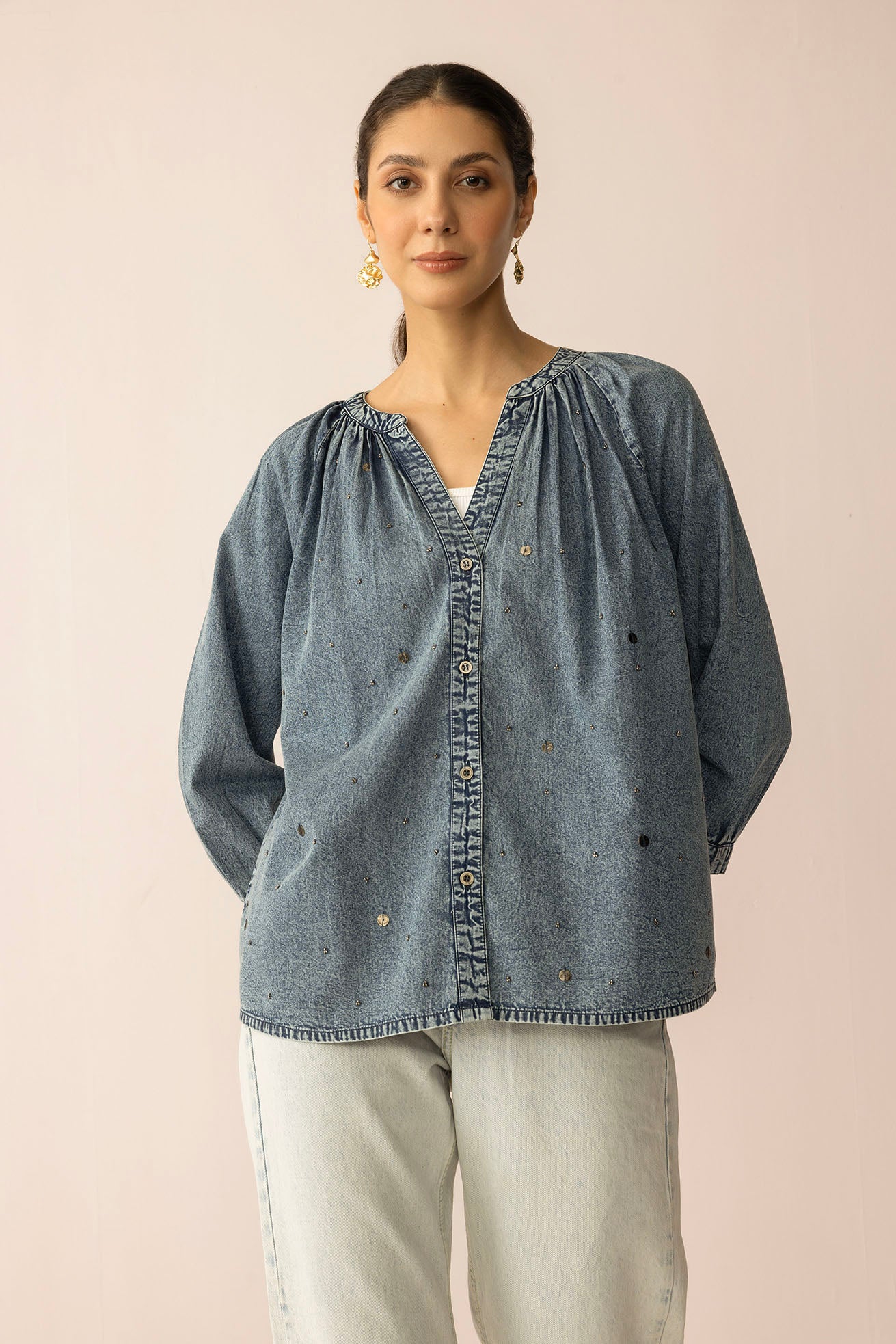 Stitched in Stardust Top in Washed Blue - Myra USA