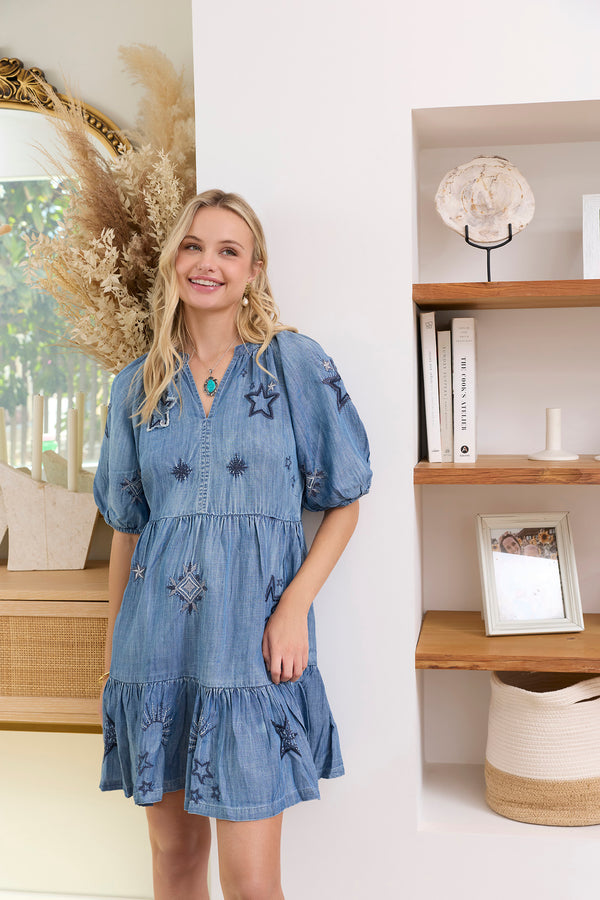 Prairie Hymn Embroidered Dress in Dusty Blue - Myra USA