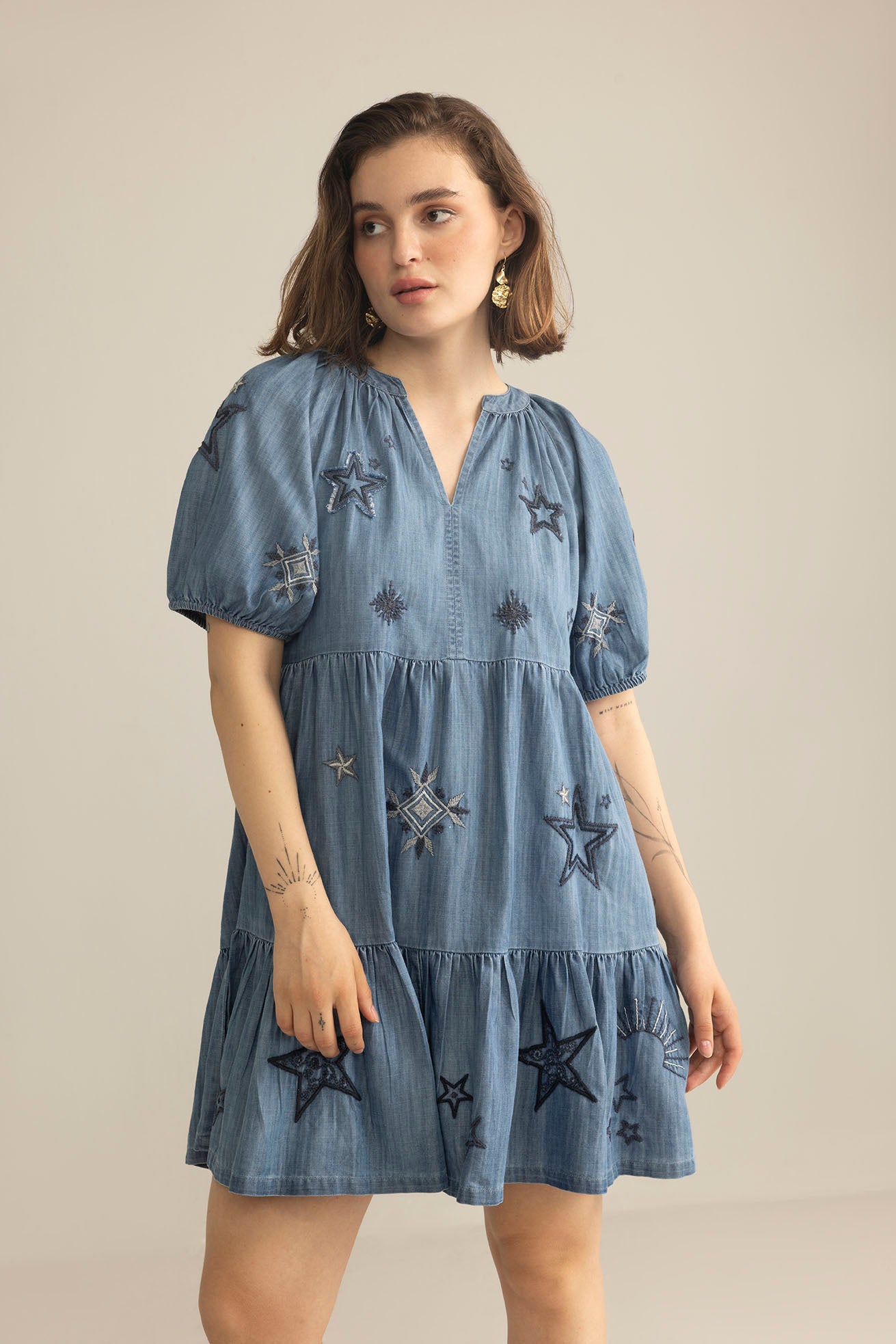 Prairie Hymn Embroidered Dress in Dusty Blue - Myra USA