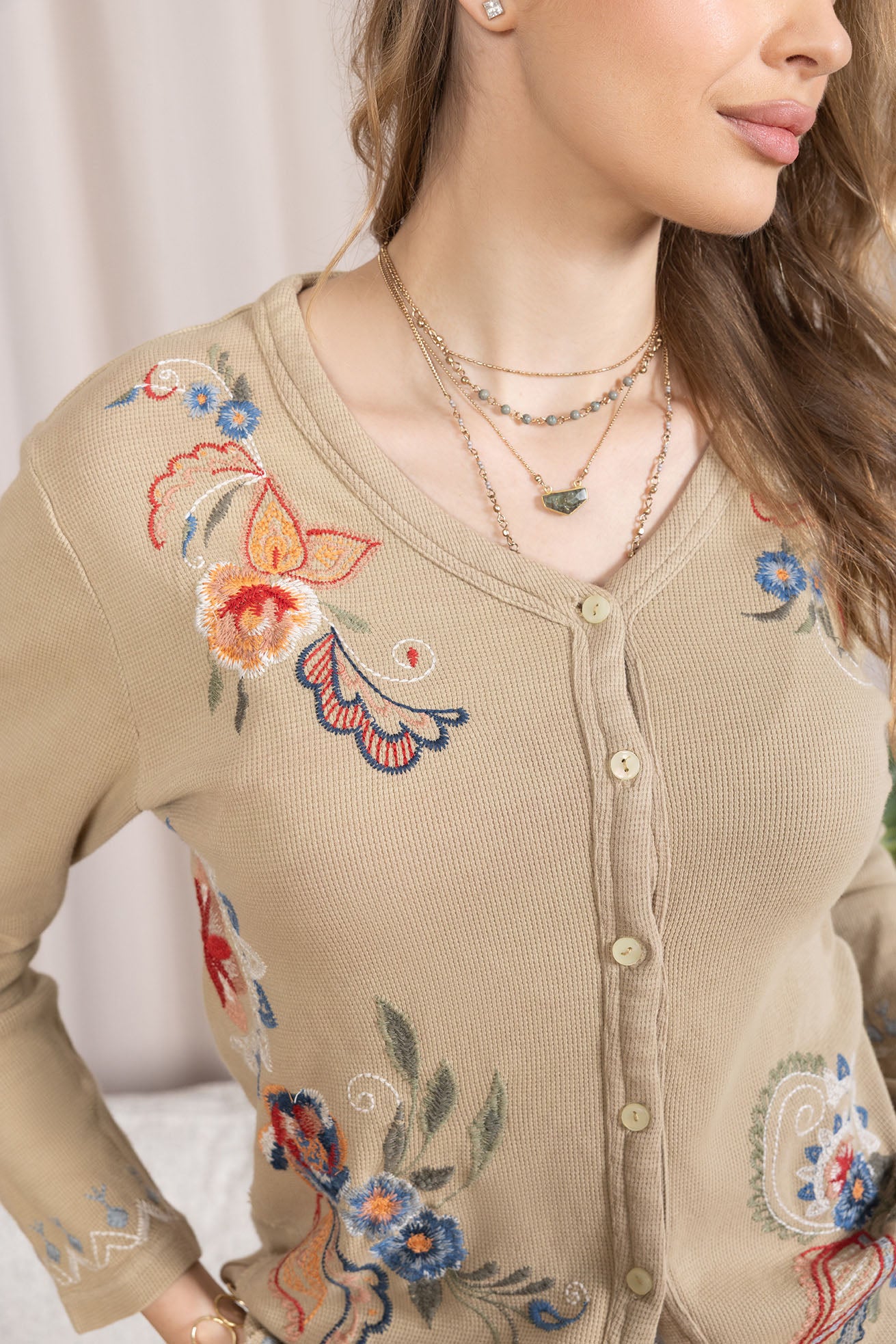 Birdsong Bloom Embroidered Top in Almond color - Myra USA