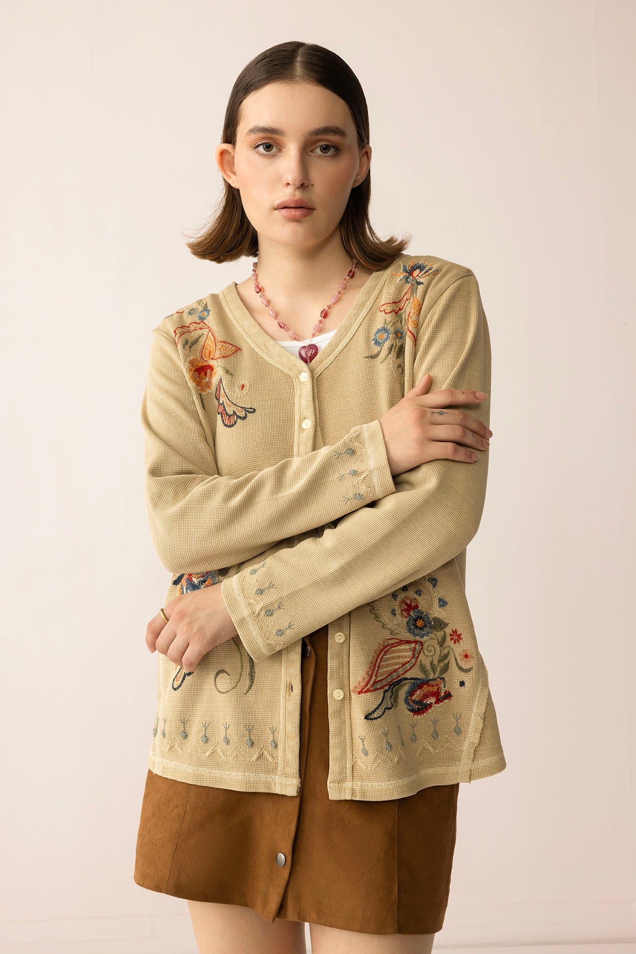 Birdsong Bloom Embroidered Top in Almond color - Myra USA
