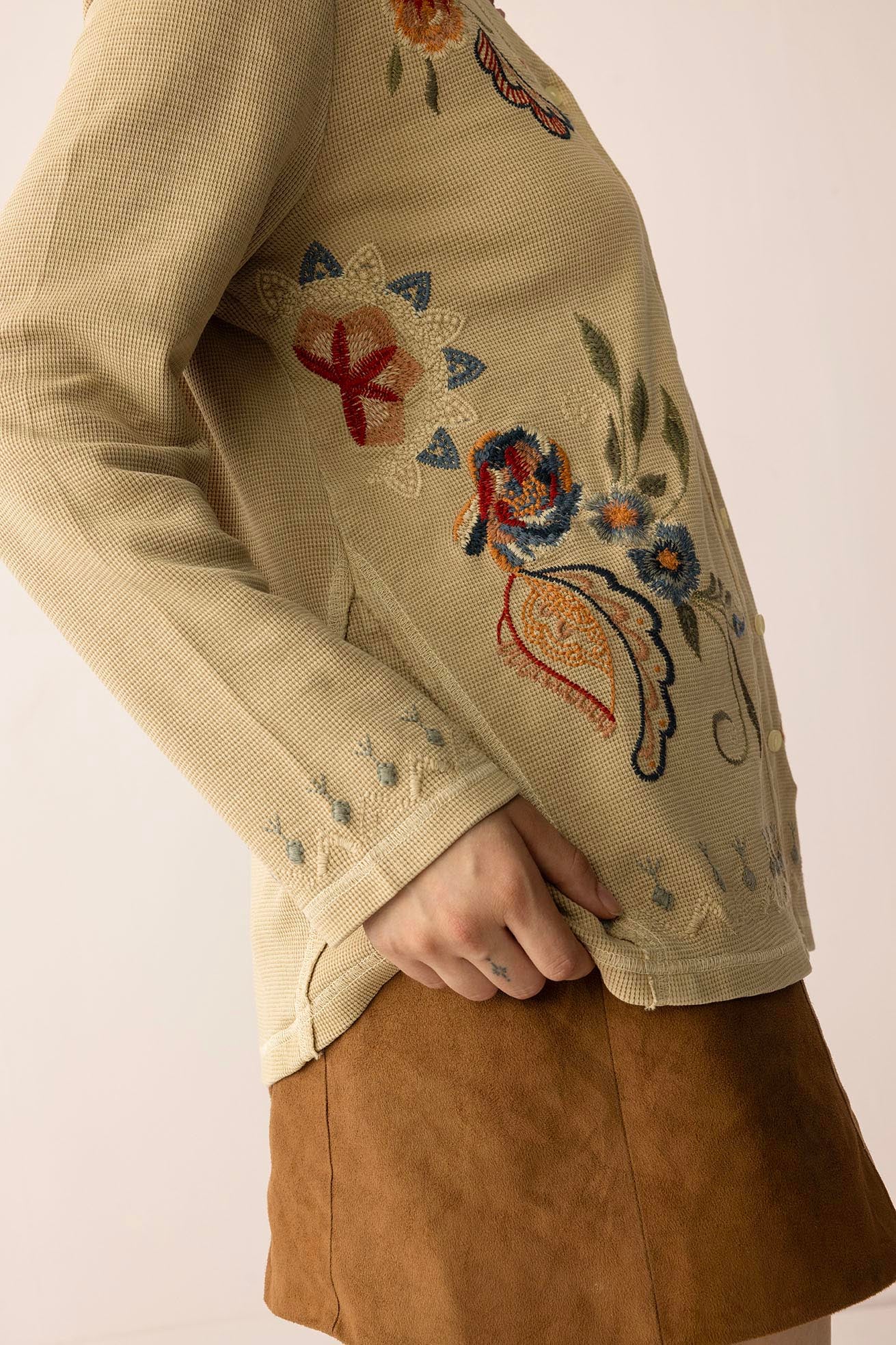 Birdsong Bloom Embroidered Top in Almond color