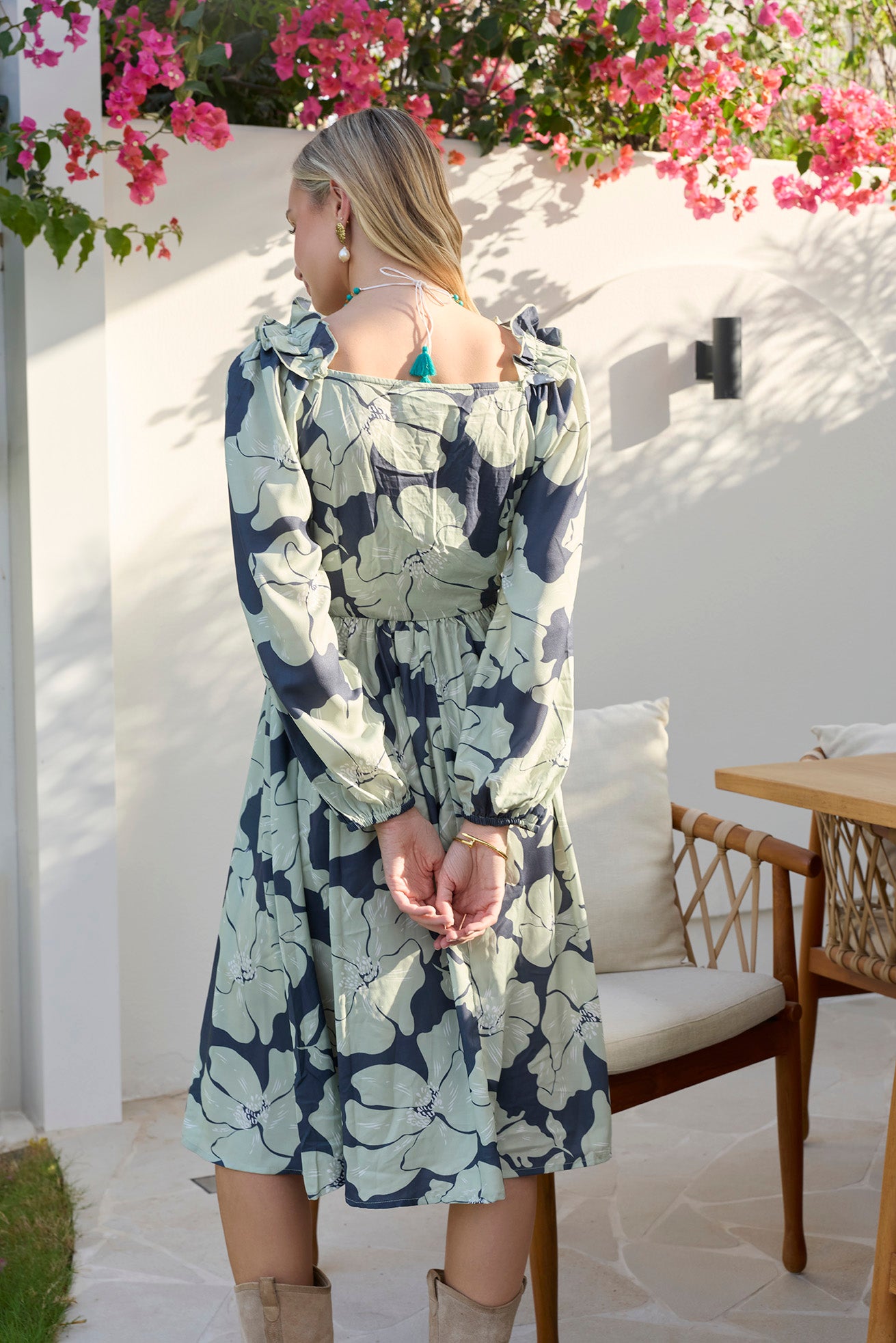 Wildmint Ruffle Smocking Dress in Beige & Light Cream - Myra USA