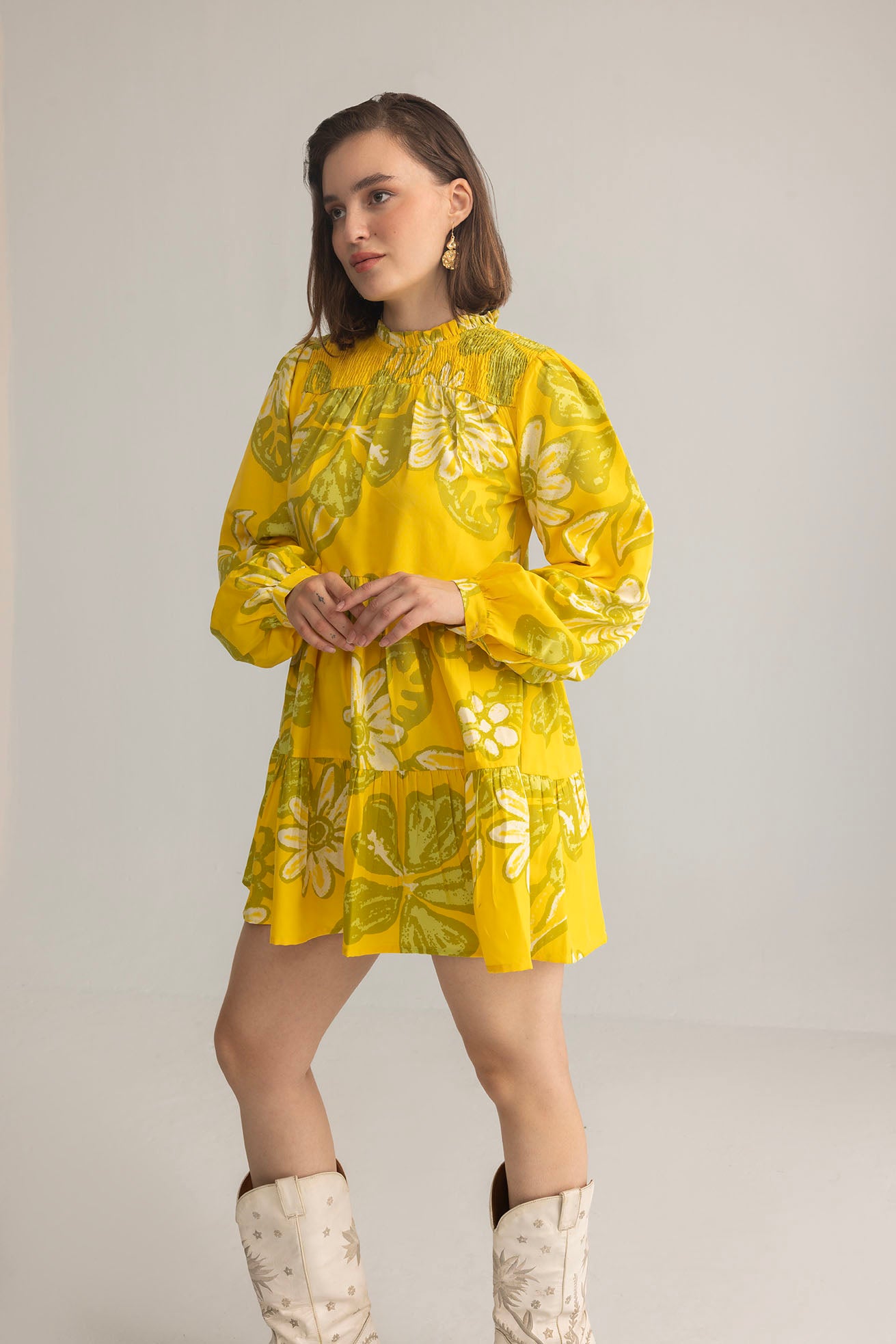Wild Sienna Ruffle Dress in Yellow Floral print - Myra USA