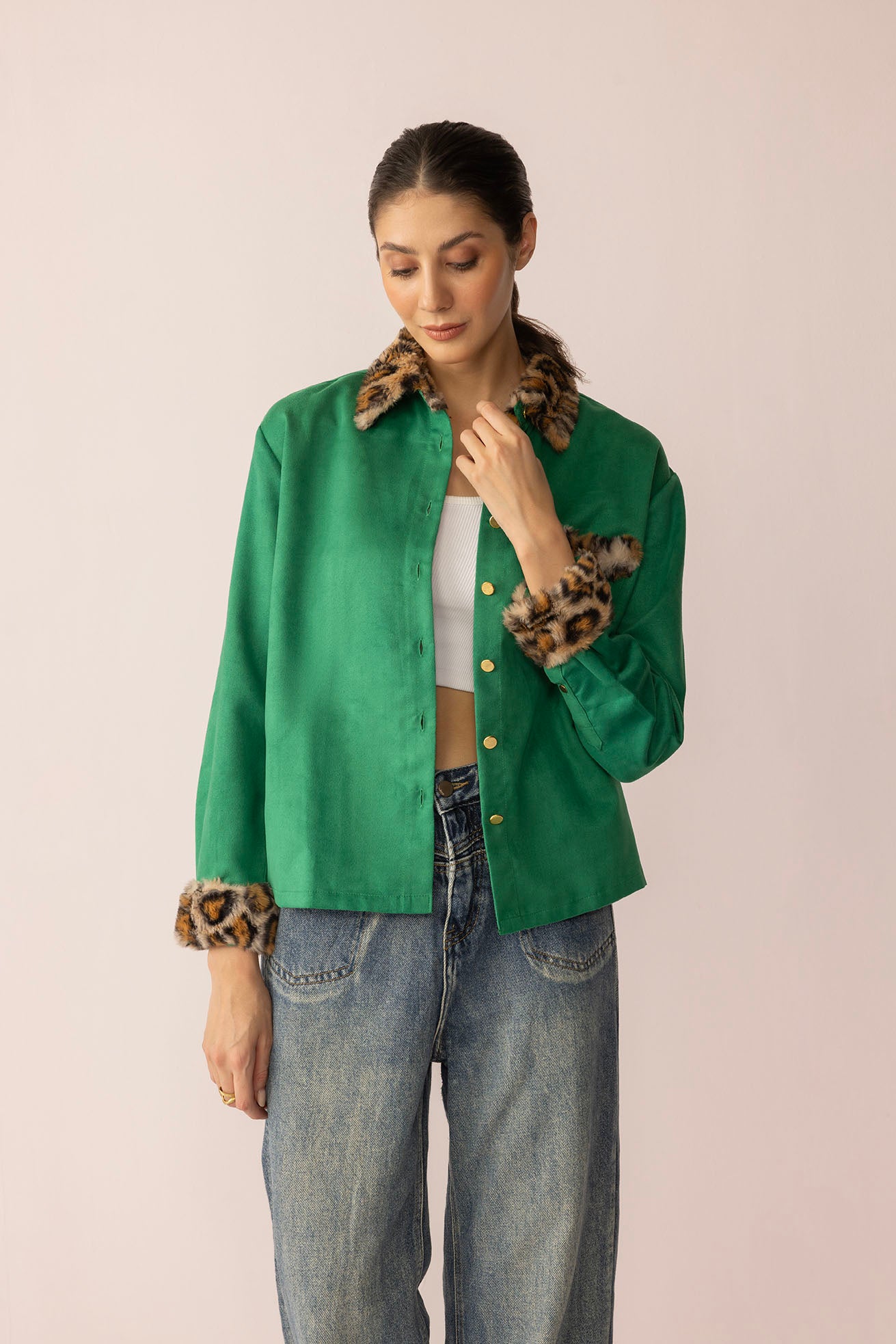 Sienna Rose Women's Shirt in Green with Fur. - Myra USA