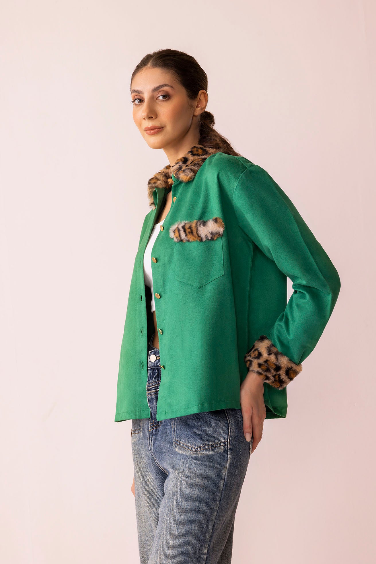 Sienna Rose Women's Shirt in Green with Fur. - Myra USA