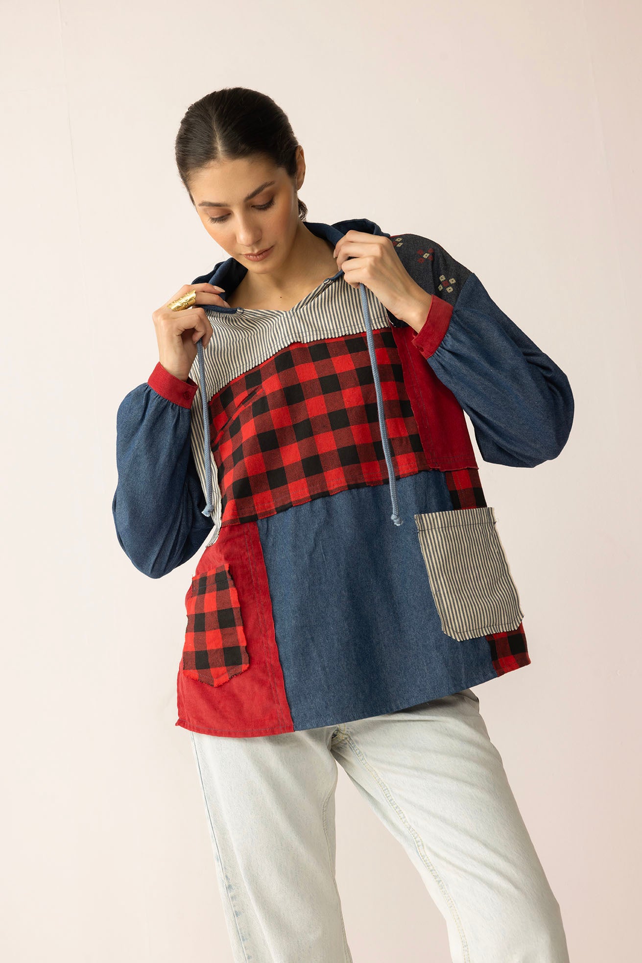 The Americana Patchwork Hoodie in Cherry Denim - Myra USA