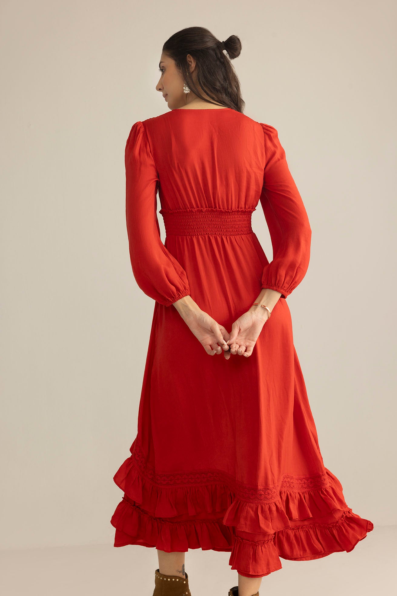 Rumba Rouge Satin Dress in Spiced Red - Myra USA