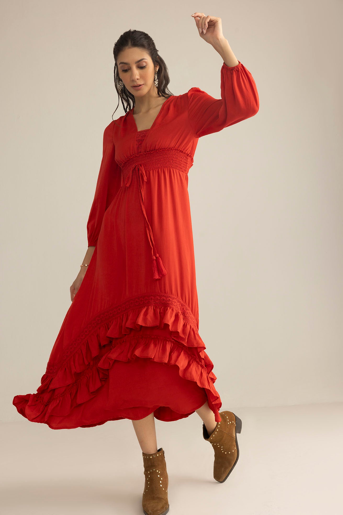 Rumba Rouge Satin Dress in Spiced Red - Myra USA