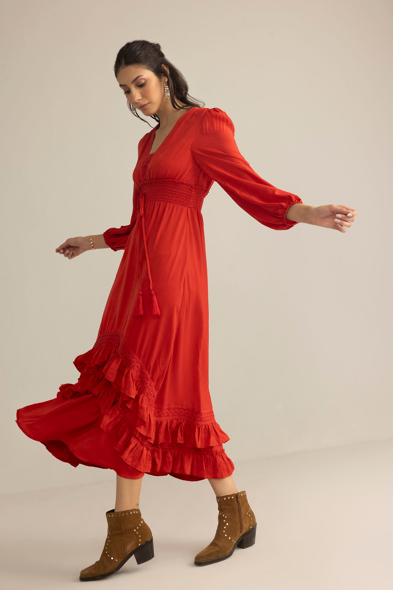Rumba Rouge Satin Dress in Spiced Red - Myra USA