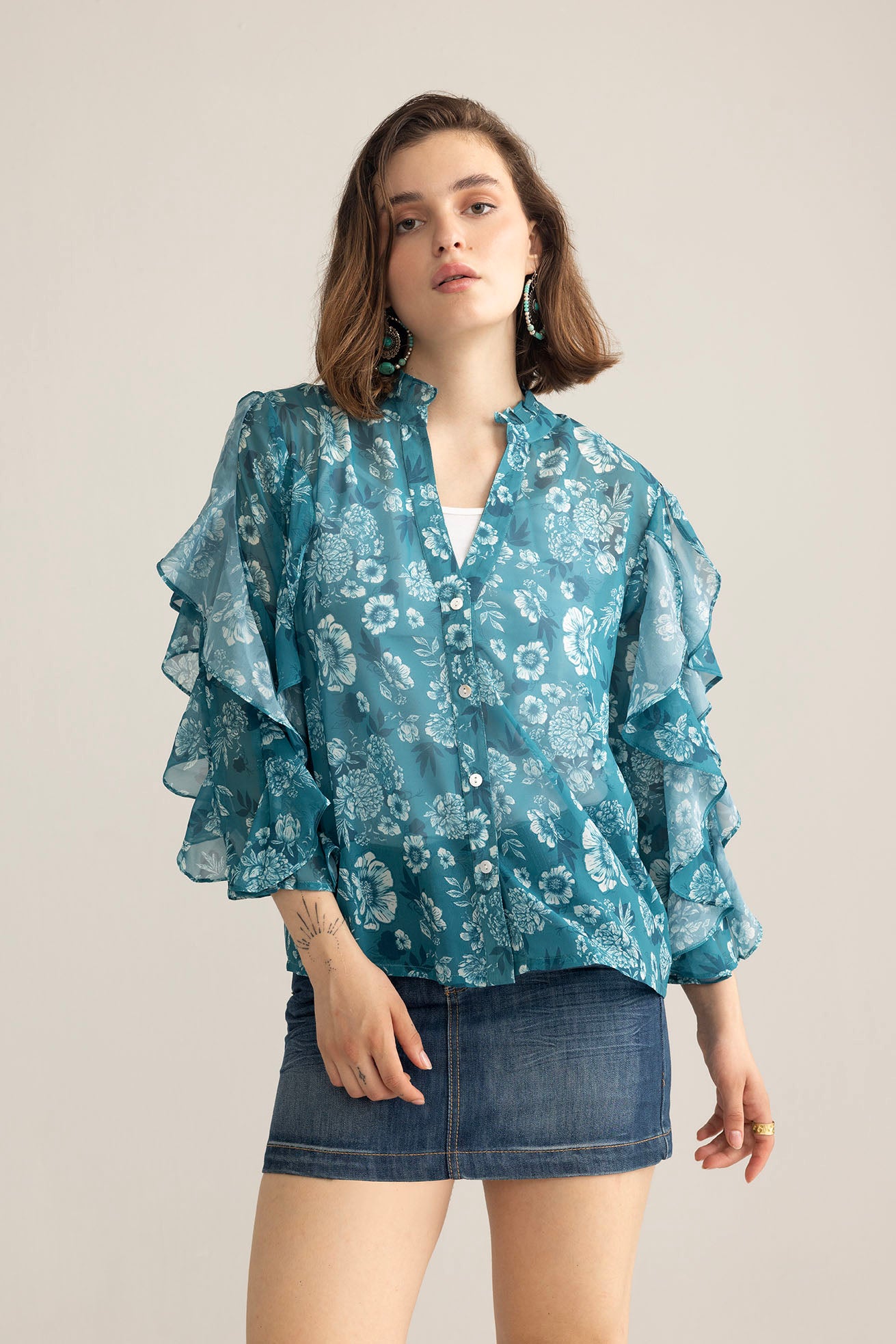 Bloom Reverie Ruffle Top in Blue - Myra USA