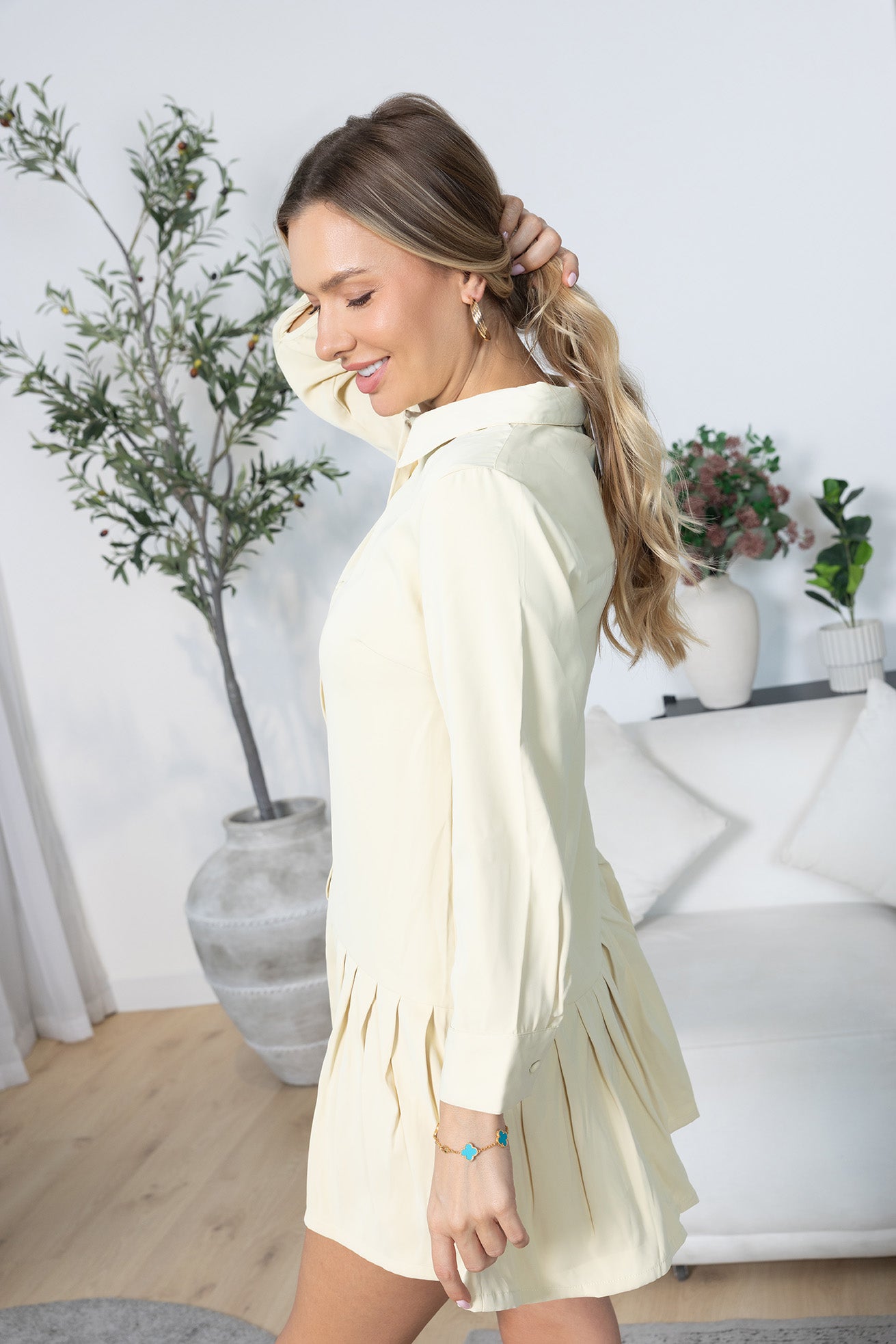 Blush Hour Pleated Mini Dress in Chino Green - Myra USA