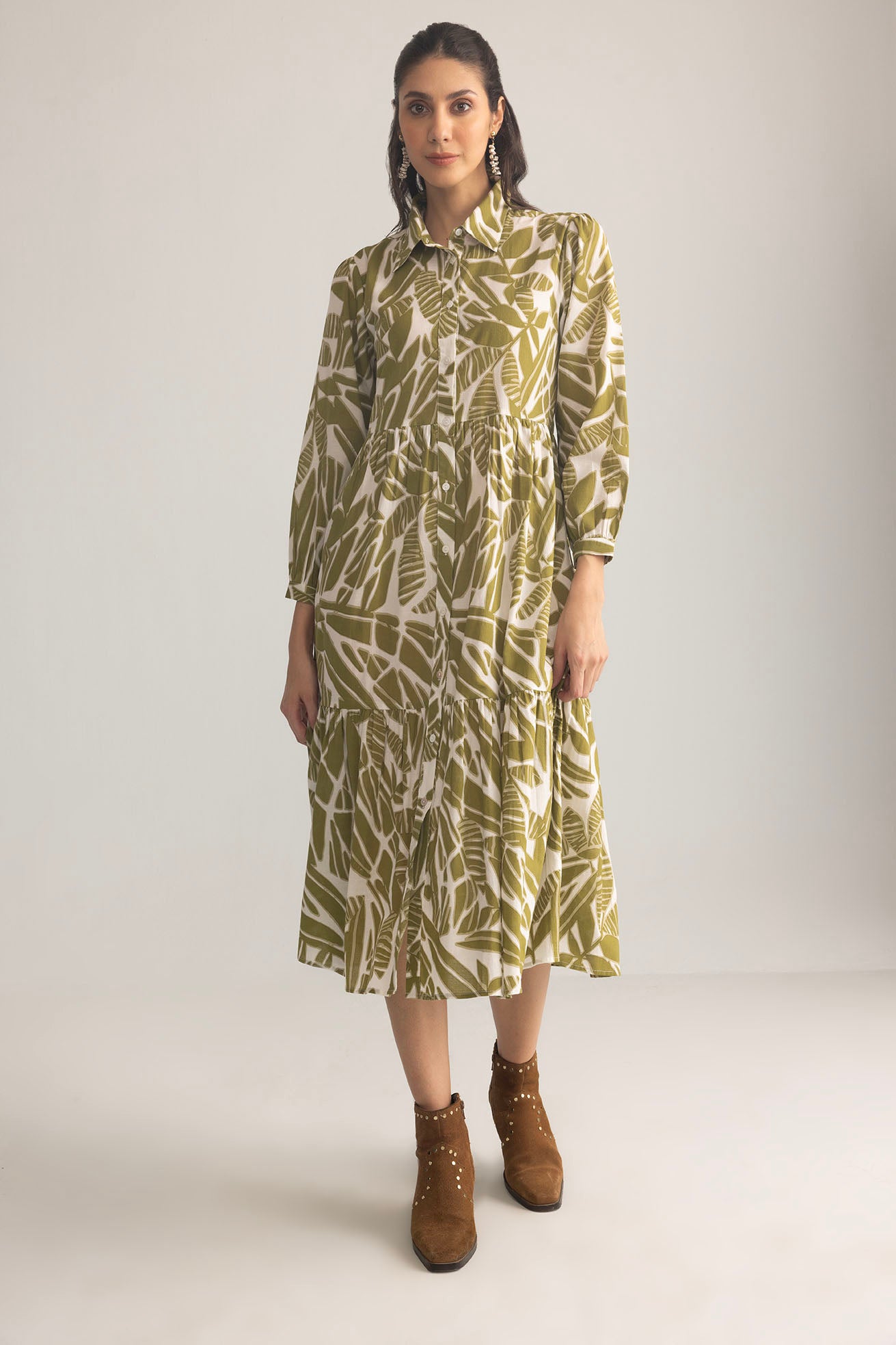 Grid & Grace Midi Dress in Olive Green - Myra USA