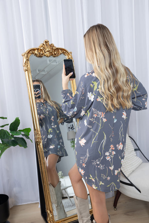 Wildflower Whisper Mini Dress in Dusk Grey - Myra USA