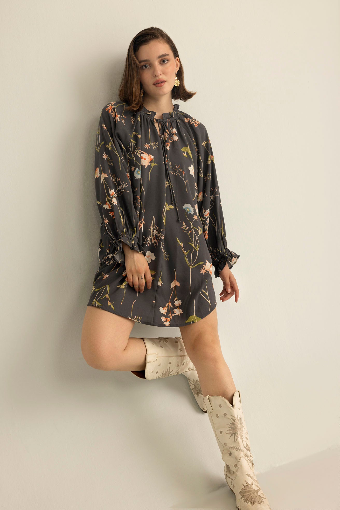 Wildflower Whisper Mini Dress in Dusk Grey - Myra USA