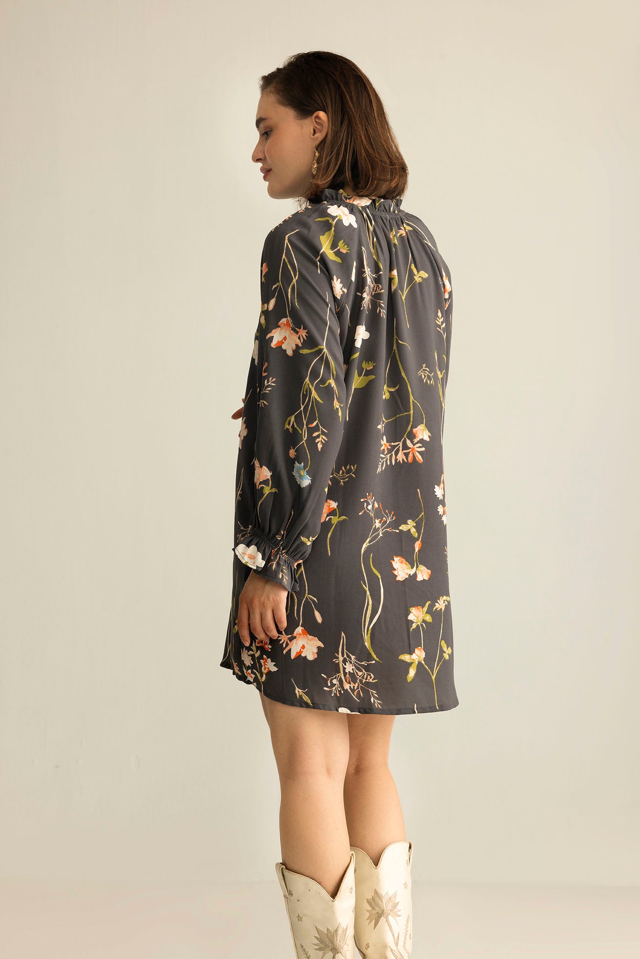 Wildflower Whisper Mini Dress in Dusk Grey - Myra USA