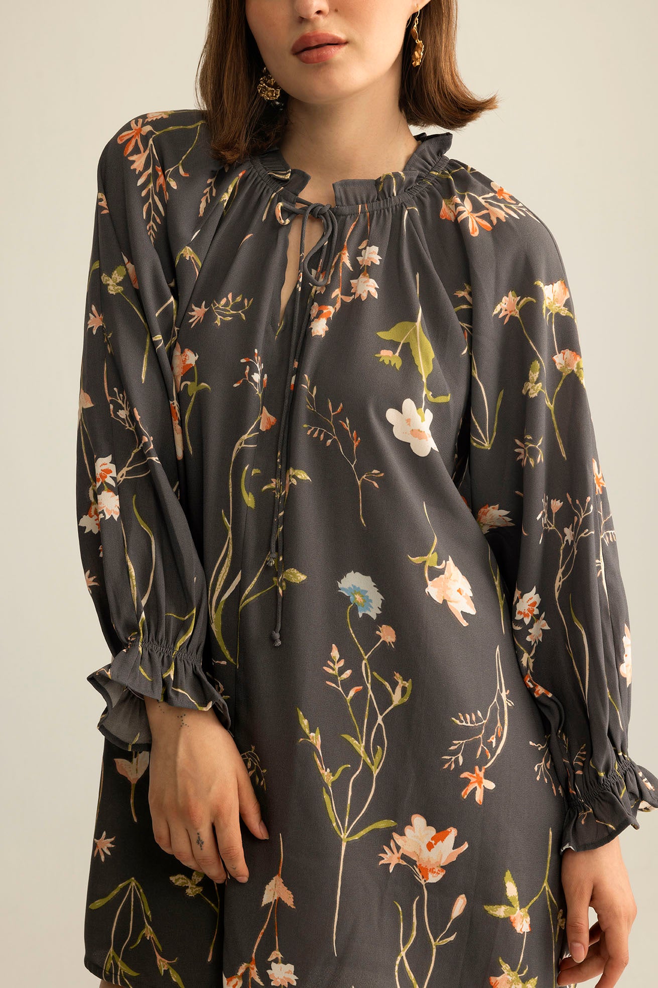 Wildflower Whisper Mini Dress in Dusk Grey - Myra USA