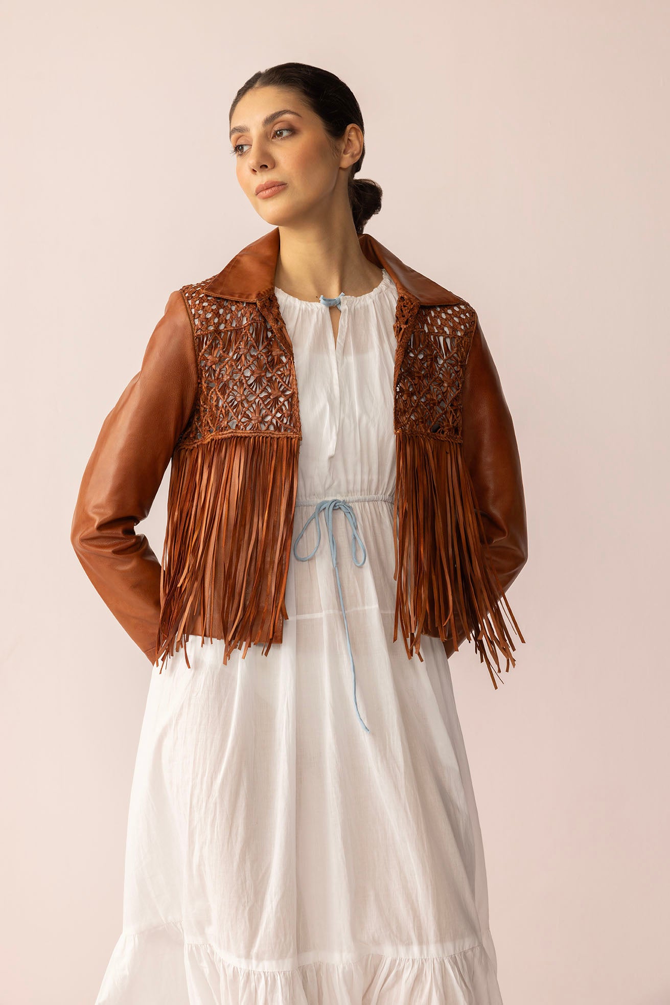 Boheme Braids Leather Jacket in Maple Brown - Myra USA