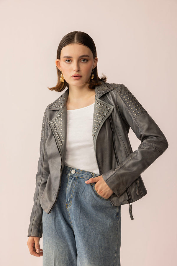 Shadow Storm Leather Jacket in Moon Grey - Myra USA