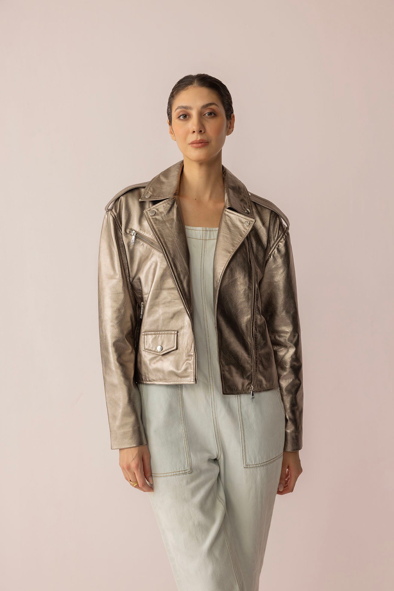 Astrid Shimmer Leather Jacket in Cosmic Silver - Myra USA