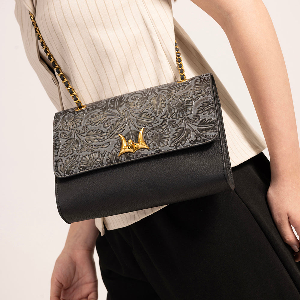 Loyal West Savi Small Embossed & Grained Leather Bag - Charcoal - Myra USA
