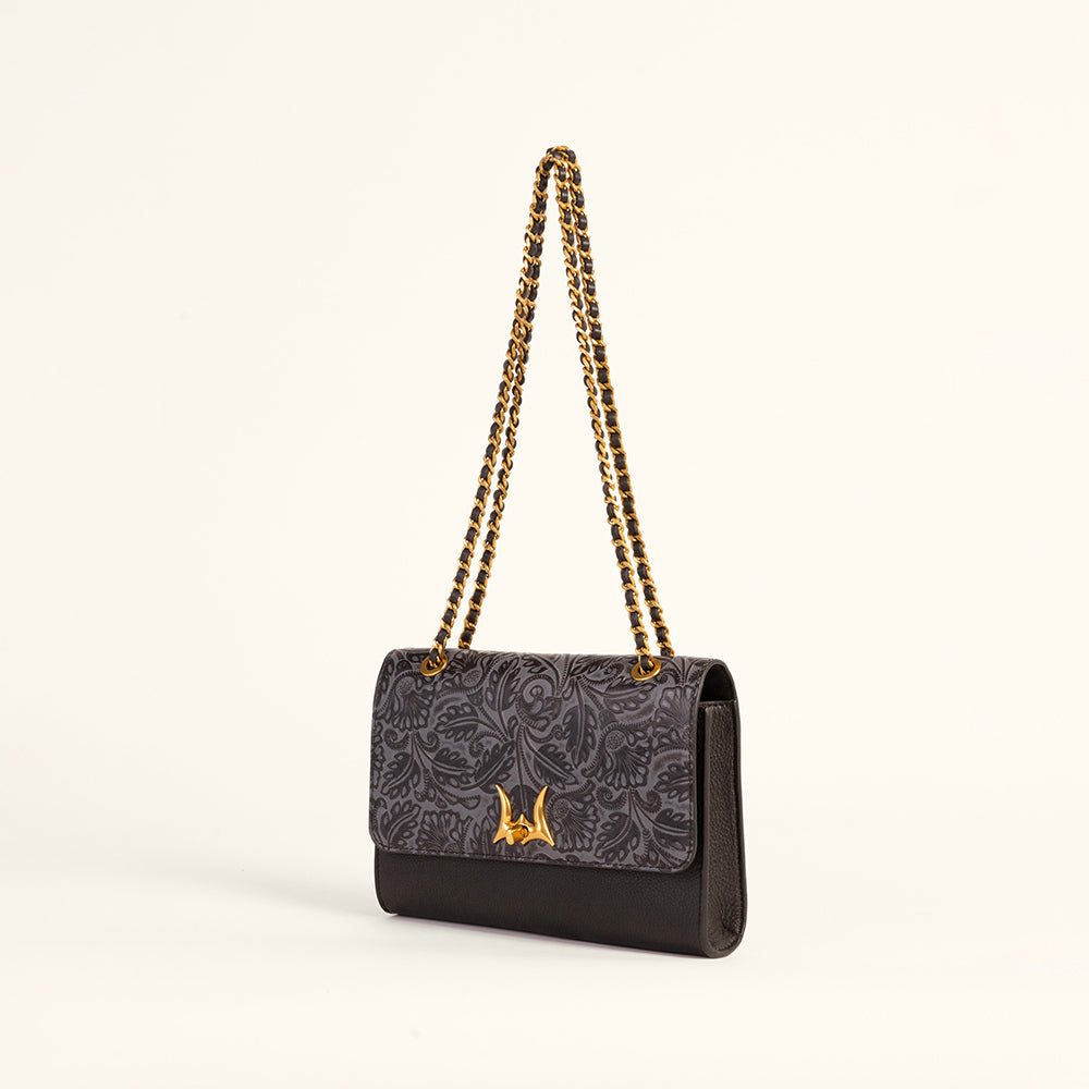 Loyal West Savi Small Embossed & Grained Leather Bag - Charcoal - Myra USA