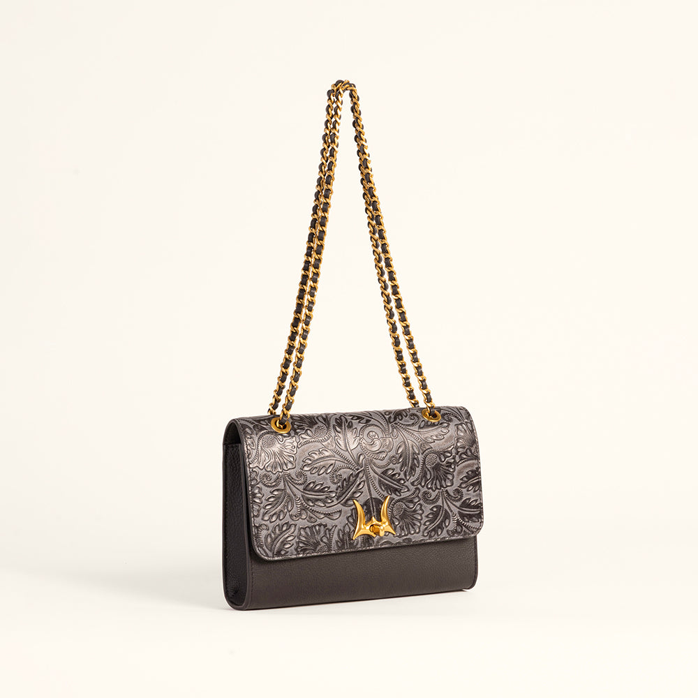 Loyal West Savi Small Embossed & Grained Leather Bag - Charcoal - Myra USA