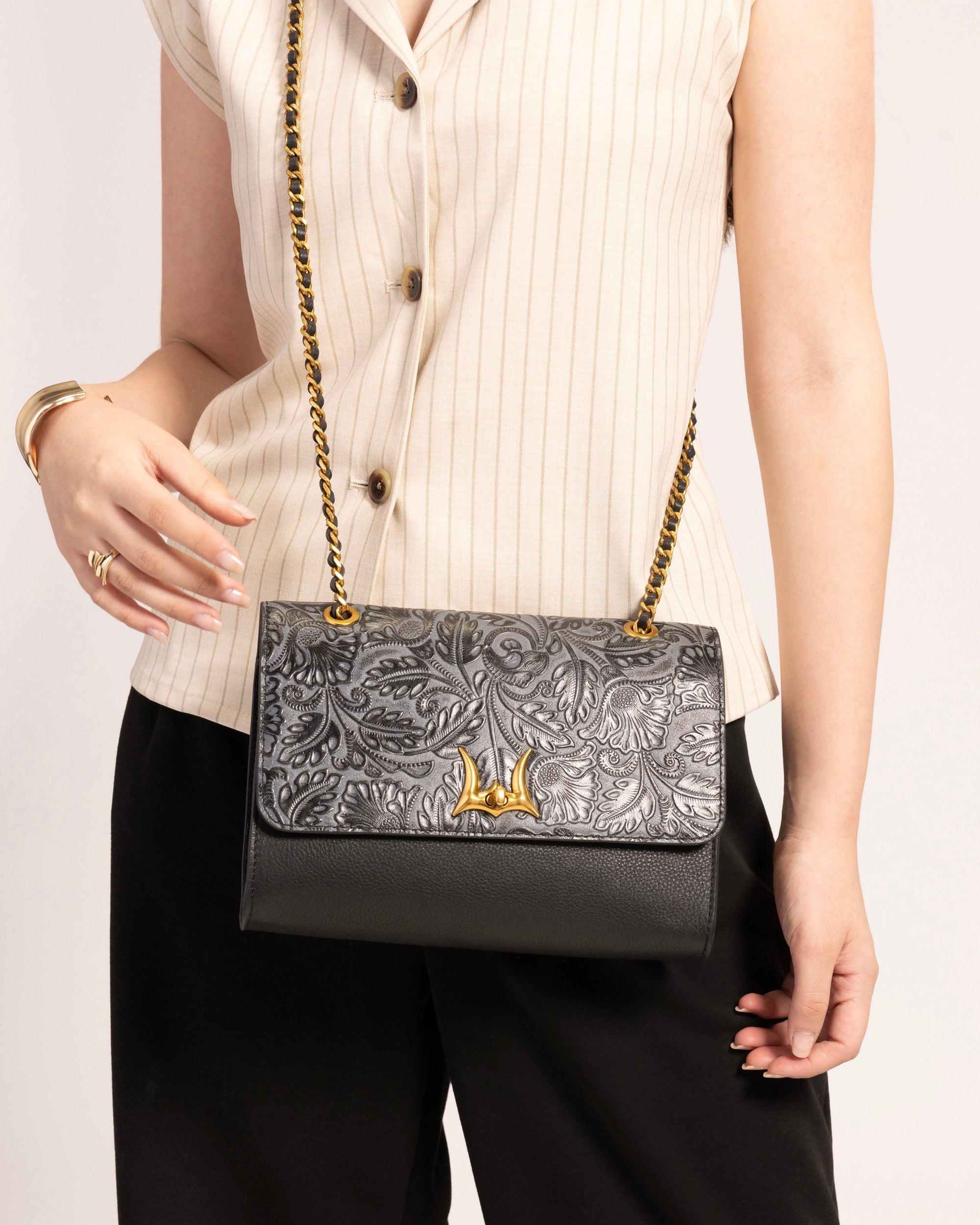 Loyal West Savi Small Embossed & Grained Leather Bag - Charcoal