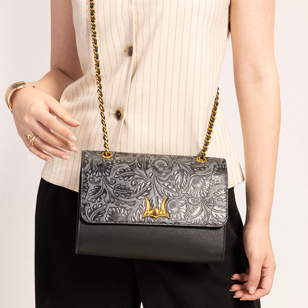 Loyal West Savi Small Embossed & Grained Leather Bag - Charcoal - Myra USA