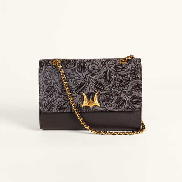 Loyal West Savi Small Embossed & Grained Leather Bag - Charcoal - Myra USA