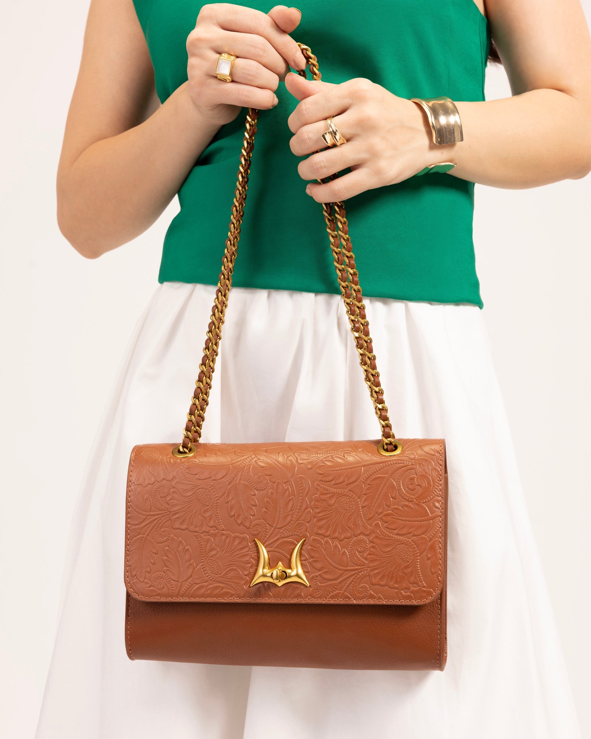 Loyal West Savi Small Embossed & Grained Leather Bag - Amber Glow - Myra USA