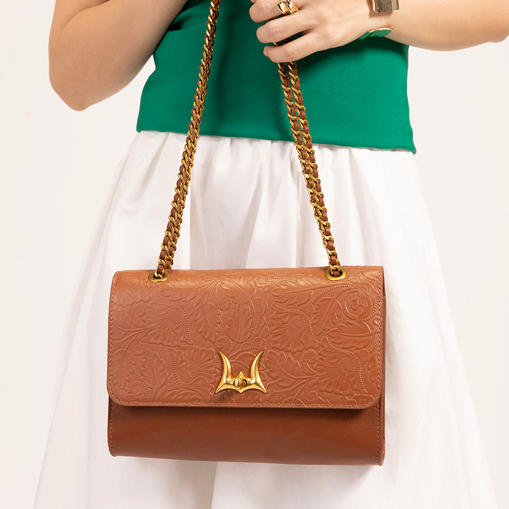 Loyal West Savi Small Embossed & Grained Leather Bag - Amber Glow - Myra USA