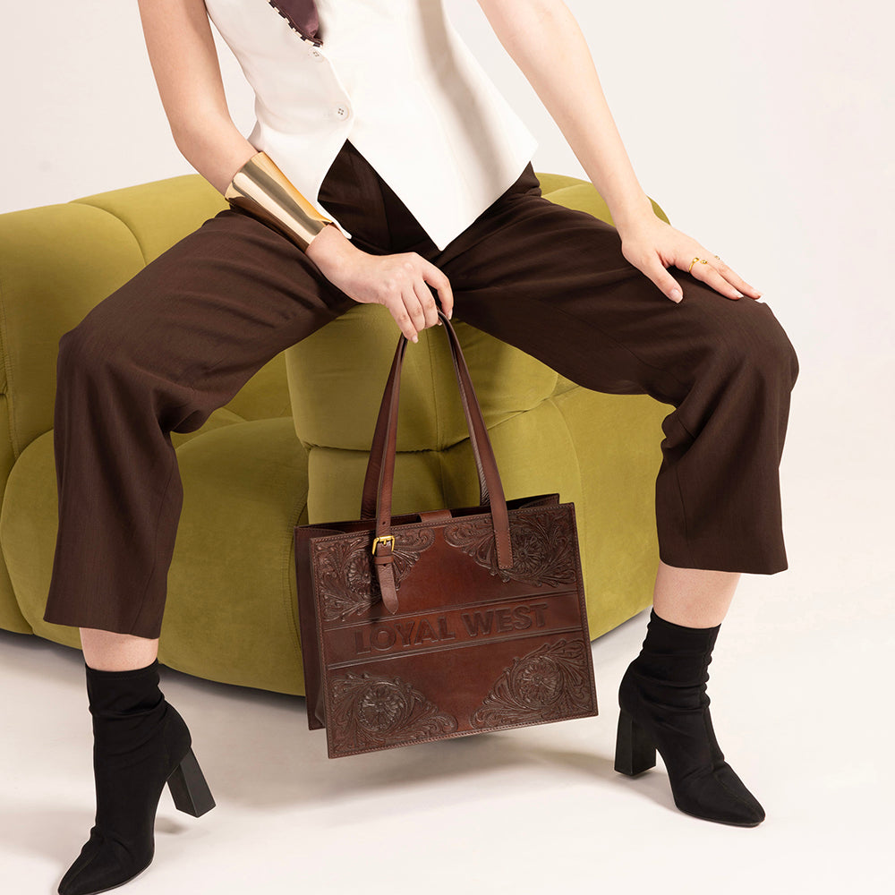Loyal West Mivva Handtooled Medium Bag - Brunette Leather - Myra USA