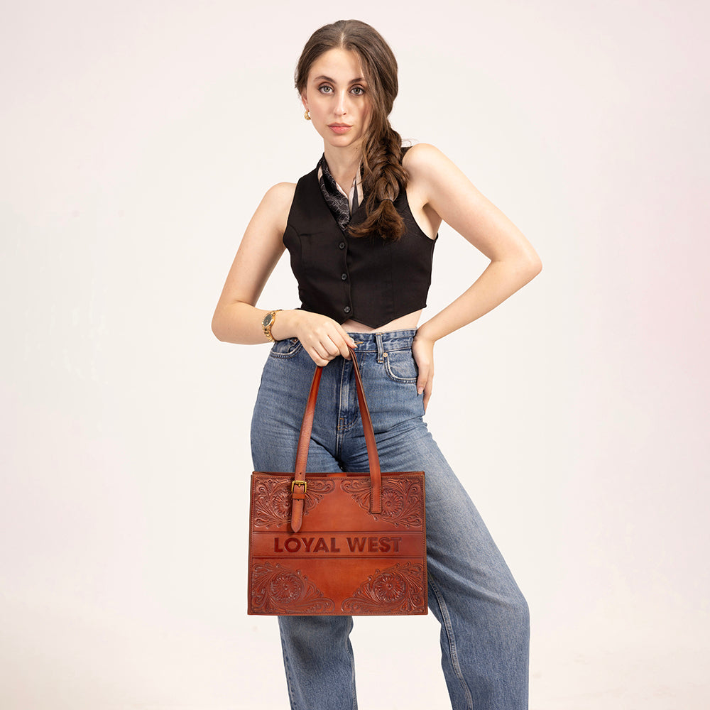 Loyal West Mivva Handtooled Medium Bag - Soft Walnut Leather - Myra USA
