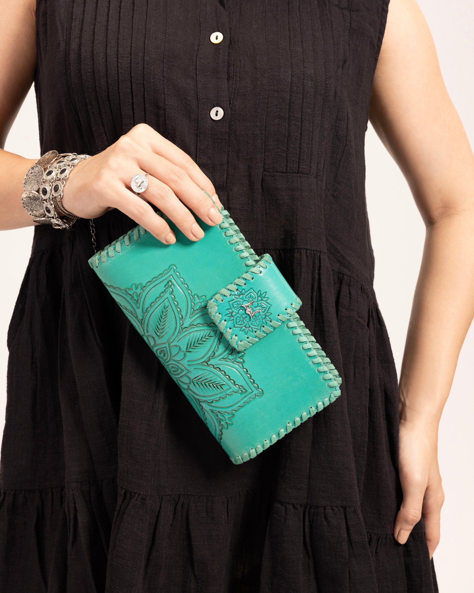 Loyal West Desert Lotus Wallet - Turquoise Handtooled Leather & Calfskin