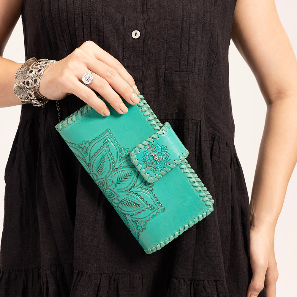 Loyal West Desert Lotus Wallet - Turquoise Handtooled Leather & Calfskin - Myra USA