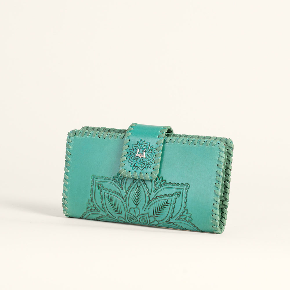 Loyal West Desert Lotus Wallet - Turquoise Handtooled Leather & Calfskin - Myra USA