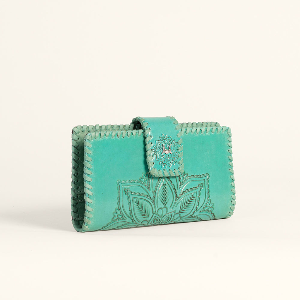 Loyal West Desert Lotus Wallet - Turquoise Handtooled Leather & Calfskin - Myra USA