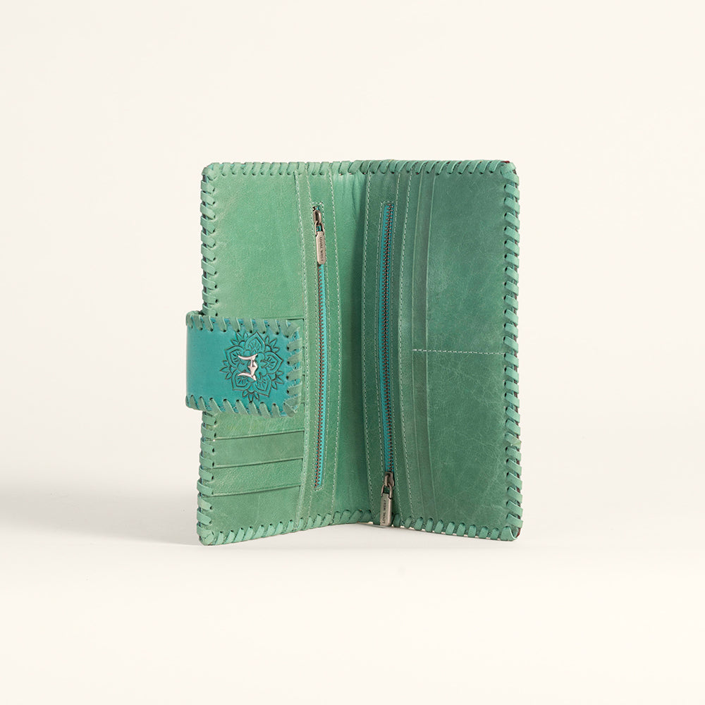 Loyal West Desert Lotus Wallet - Turquoise Handtooled Leather & Calfskin - Myra USA
