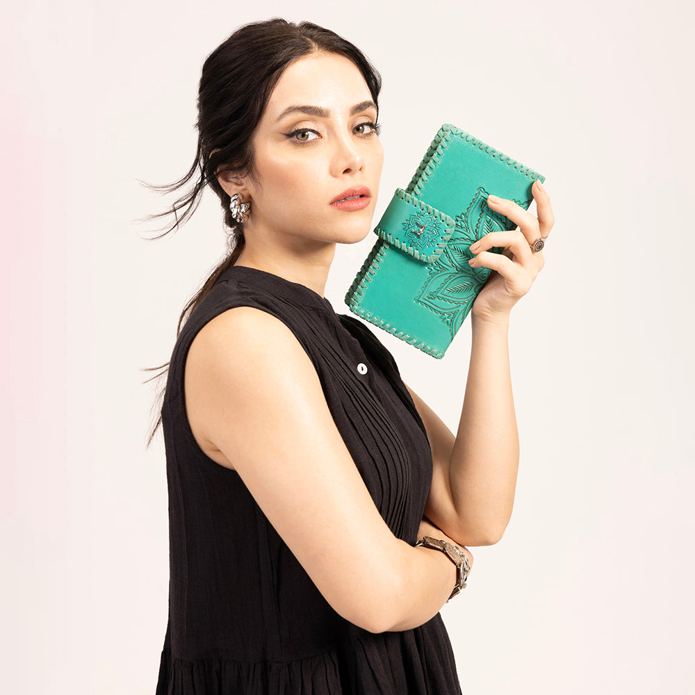 Loyal West Desert Lotus Wallet - Turquoise Handtooled Leather & Calfskin - Myra USA