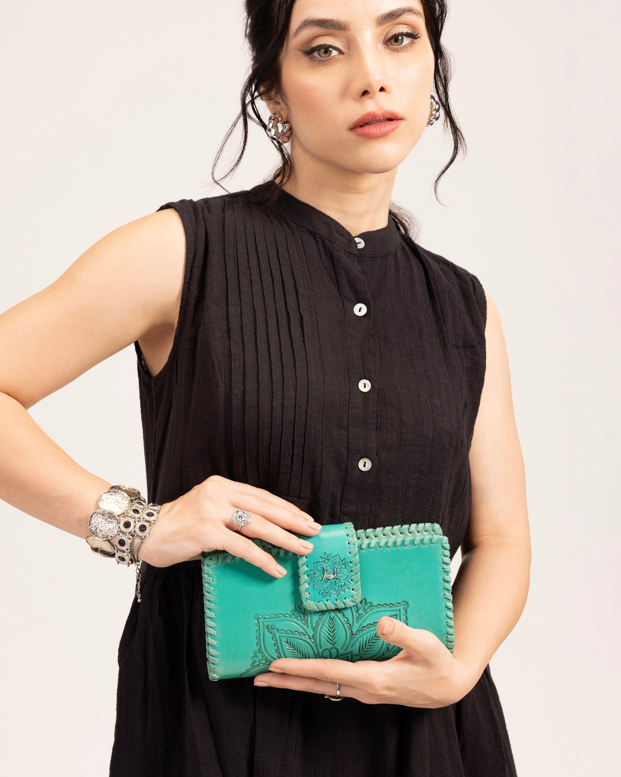 Loyal West Desert Lotus Wallet - Turquoise Handtooled Leather & Calfskin