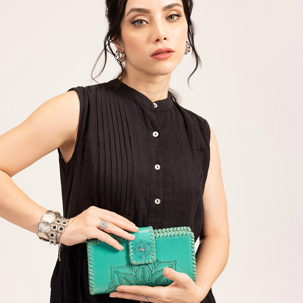 Loyal West Desert Lotus Wallet - Turquoise Handtooled Leather & Calfskin - Myra USA