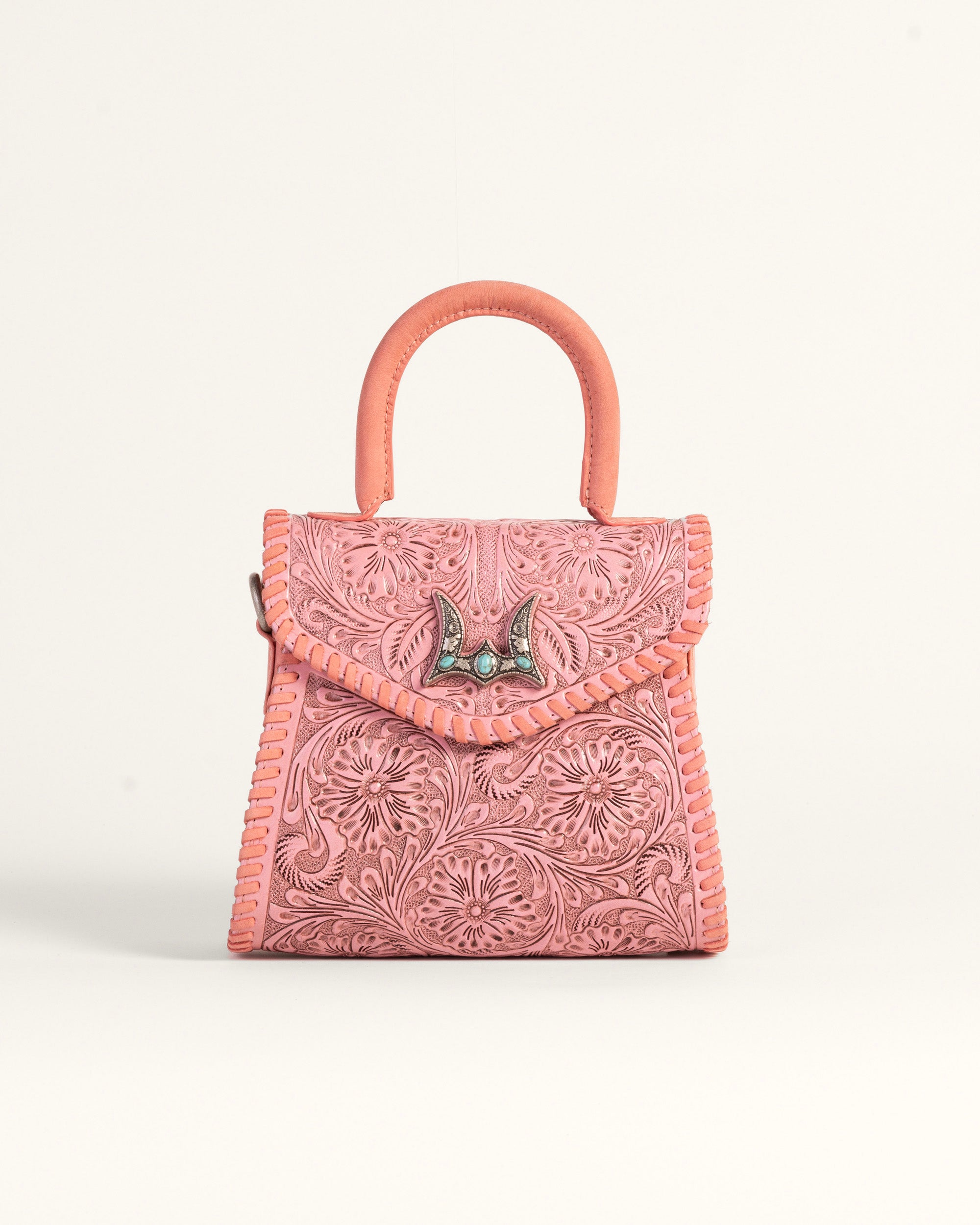 Loyal West Leon Mini Handle Purse - Pink Handtooled Leather & Calfskin